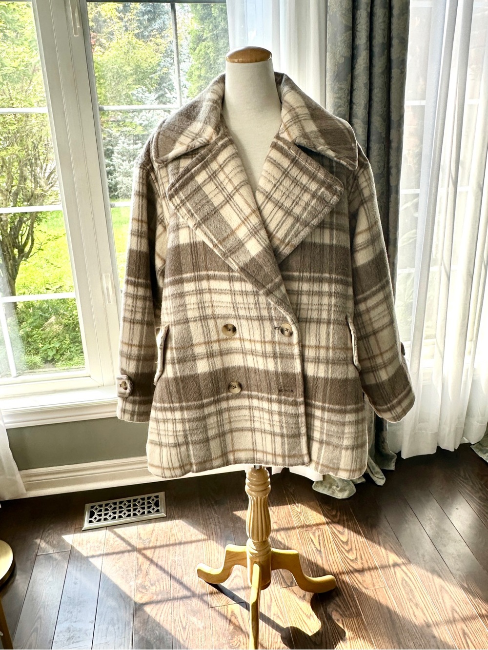 Free People Oversized Double-Breasted Plaid Wool-Blend Peacoat - Size S